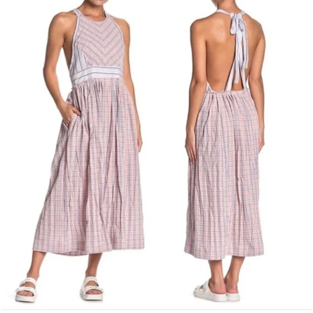 Free People Color Theory Midi Halter Dress in Pink Blue Small EUC